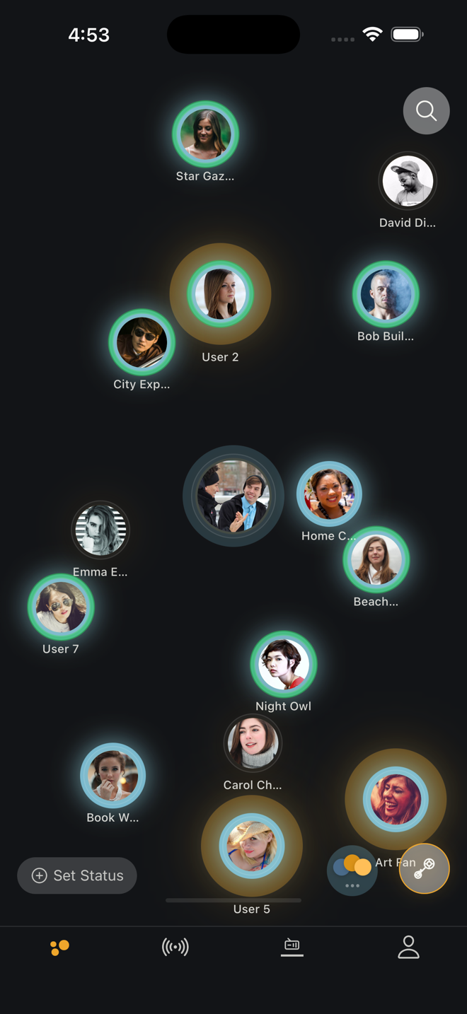 Hum home screen showing close friends as softly glowing circles in a calm private interface.